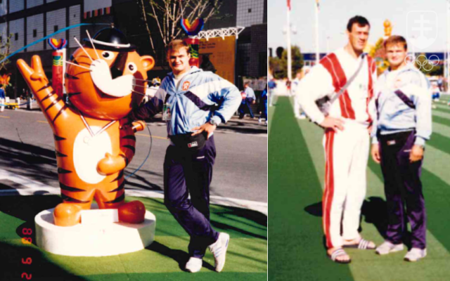Dve fotografické spomienky na OH 1988 v Soule. Na ľavej fotografii Miroslav Luberda s olympijským maskotom Hodorim, na pravej s obrovitým Poliakom Adamom Sandurským. Ten bol s výškou 214 cm najvyšším zápasníkom v olympijskej histórii. Luberda s ním však zápasil len v rámci prípravy, nikdy sa nestretli v riadnom súboji.