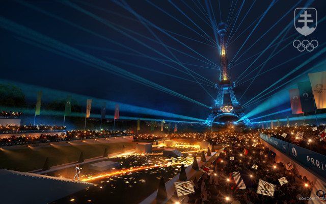 Vizualizácia záverečnej časti slávnostného otvorenia OH 2024 na parížskom námestí Trocadéro.