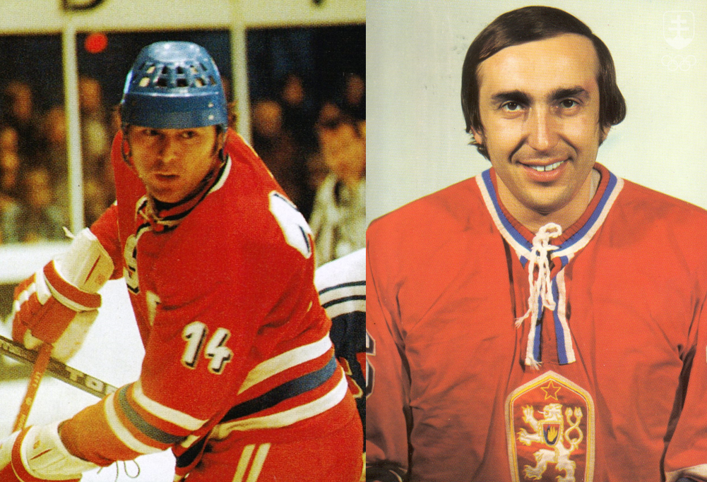 Václav Nedomanský a Jiří Holeček v čs. reprezentačnom drese, v ktorom dlhé roky patrili k najväčším hviezdam medzinárodného hokeja.